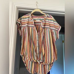 Lou & Gray x LOFT Linen Blend Colorful Stripe High Low Blouse, size Small